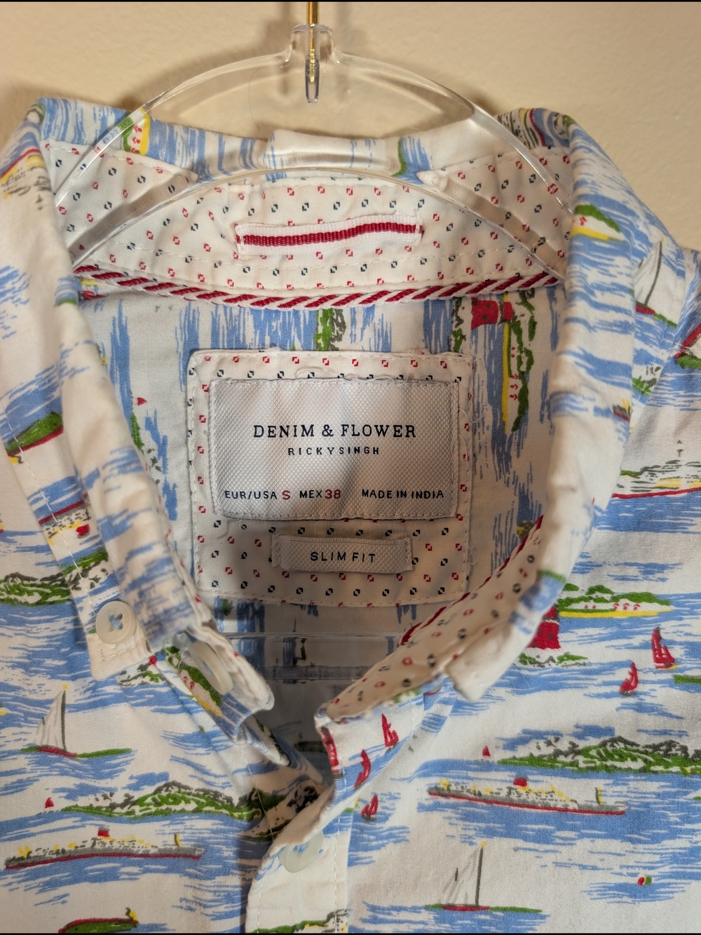 Denim & Flower Ricky Singh Shirt Mens Small Slim Fit Boat Print Button Down